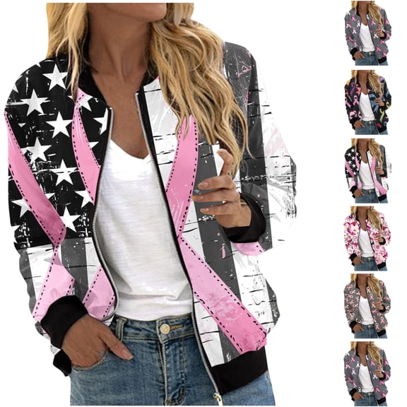 Feancey Breast Cancer Awareness Jackets for Women Lightweight Zip up Bomber Jacket Dressy Casual Pink Ribbon Print Fashion Jackets with Pockets Multicolor S