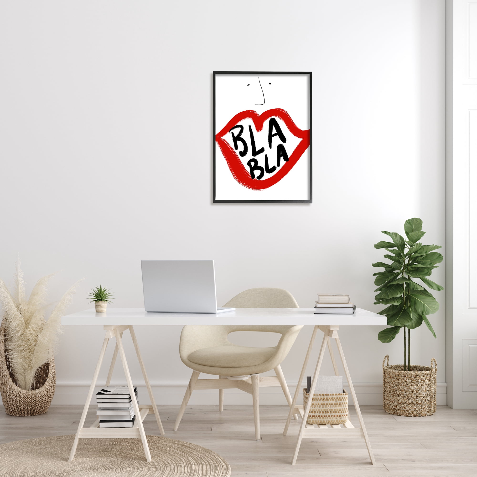 Stupell Industries Bla Bla Text Modern Face Bold Red Lips Abstract Painting Black Framed Art Print Wall Art, 24 x 30