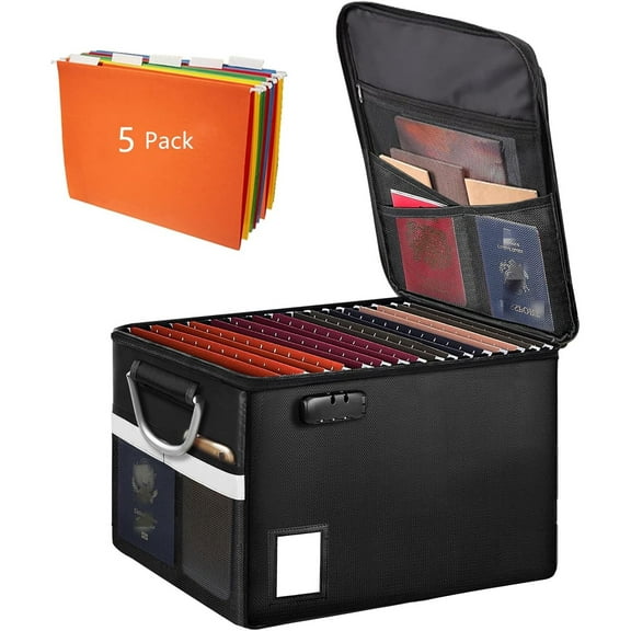 Fireproof Document Box With 5 Pack Hanging File Folders(Letter Size), File Cabinet Organizer Box Storage Filing Cabinet Box with Lock, Portable Important Document Organizer With Handle(5 Folders)