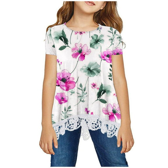 Cethrio Kids Girls T Shirts, Floral Print Short Sleeve Lace Crewneck Summer Tops Multicolor Size 3-4 T