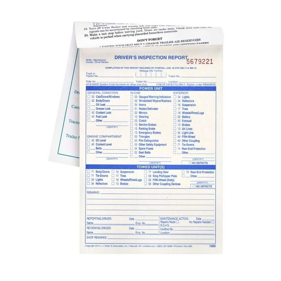 Detailed Driver's Vehicle Inspection Report 5-pk. - Book Format, 3-Ply Carbonless, Blue Ink, 5.5" x 8.5" - 31 Sets of Forms Per DVIR Book - Meet FMCSR Requirements - J. J. Keller & Associates
