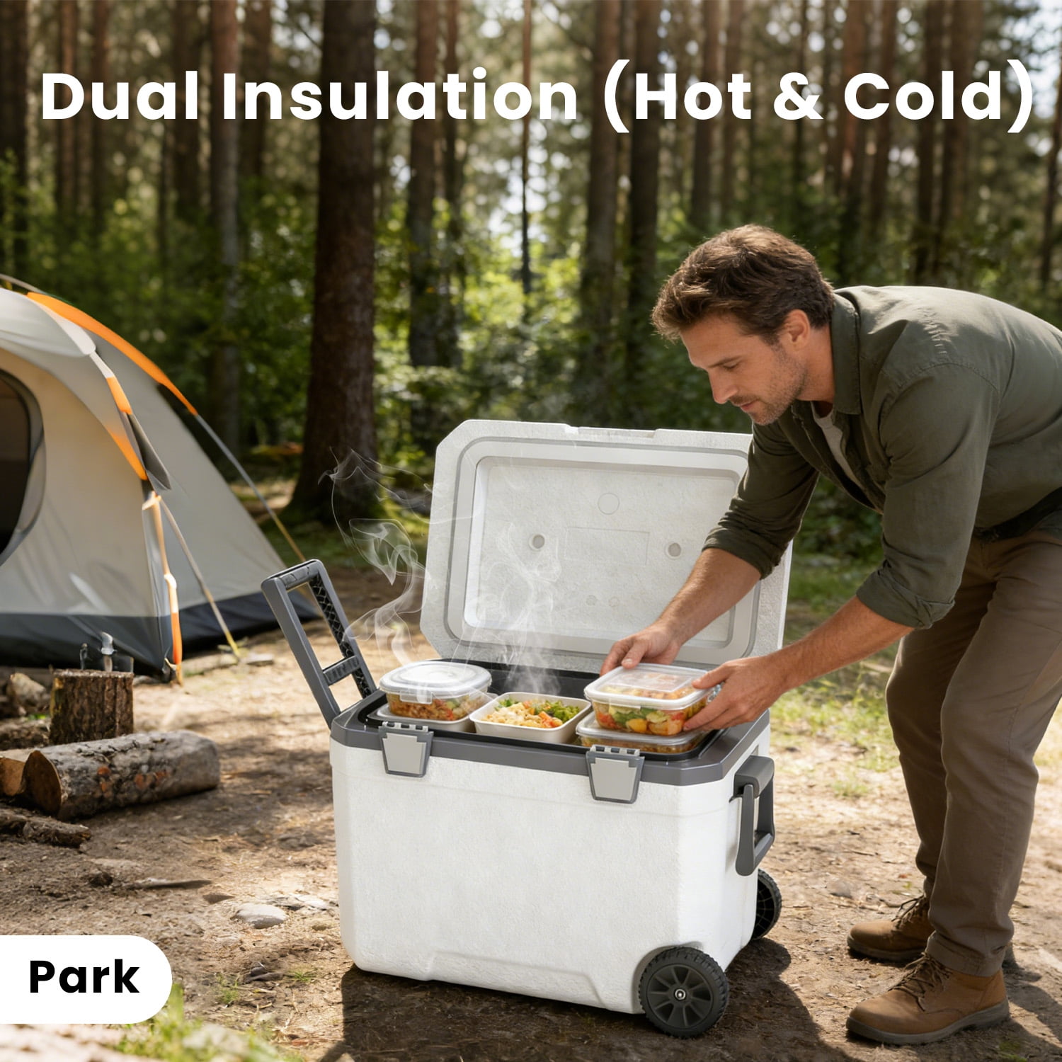 48QT Portable Cooler with Handle, Wheeled Insulated Hard Sided Cooler Ice Chest Box for Outdoors,Camping,Travel,Car
