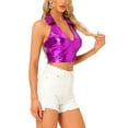thumbnail image 3 of TOP CROP Holográfico INSPIRE CHIC para Mujeres, Brillante y Reluciente, Halter Metálico, Talla M, Color Púrpura, 3 of 5