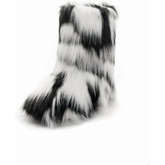 Faux Fur Mid-Calf Boots for Women,Furry Fluffy Round Toe Suede Snow Boots, Comfy Plush Warm Short Flat Shoes for Indoor and Outdoor Winter Wear