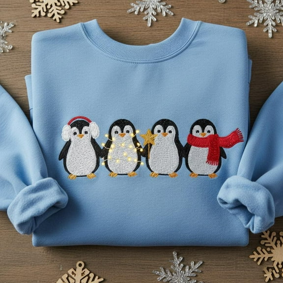 Christmas Penguin Embroidered Sweatshirt, Cute Holiday Penguin Sweater, Winter Bird Crewneck, Festive Animal Lover Gift