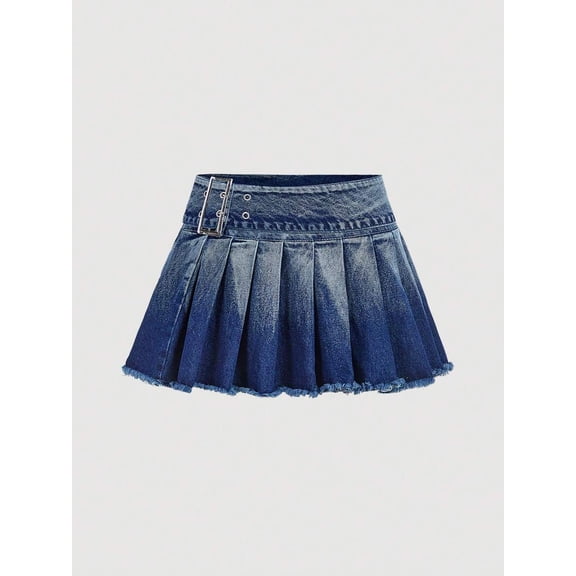 Denim Pleated A-Line Mini Skirt With Belted Waist Blue