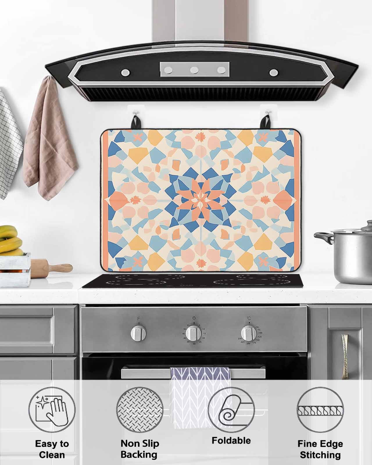 nqOlkjepod Large Induction Cooktop Protector Mat 24"x21", Colorful Geometric Stove Top Covers for Electric Stove, Vintage Country Abstract Plaid Stove Burner Cover Mats, Glass Top Stove Cover