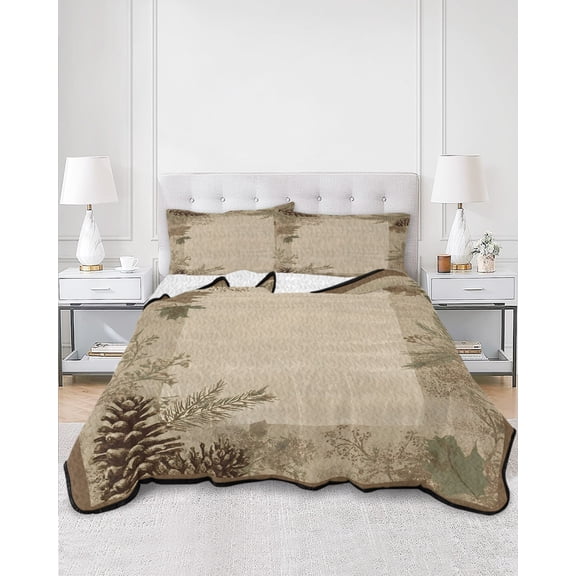 Quilts Queen Size, Fall Forest Pine Soft Comforter Bedding Set for Bed, Autumn Vintage Pine Cones Botanical Lightweight Quilted Bedspread with Pillow Cover(2 Pieces) for All Season, 90x96 Inch