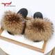 thumbnail image 3 of Zapatillas de piel de mapache auténtica para mujer, chanclas planas peludas para interior y casa, moda para actividades al aire libre, sandalias de playa, verano 2023, 3 of 5