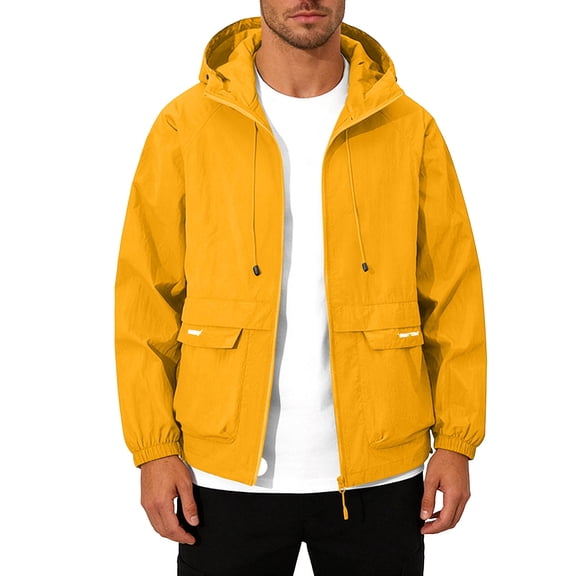 Amzcrzy Men's Lightweight Upf Long Sleeve Sun Protection Men Hooded Jacket Waterproof Windbreaker Jackets with Pockets Outdoor Zip up for Hiking Running Travel Yellow S
