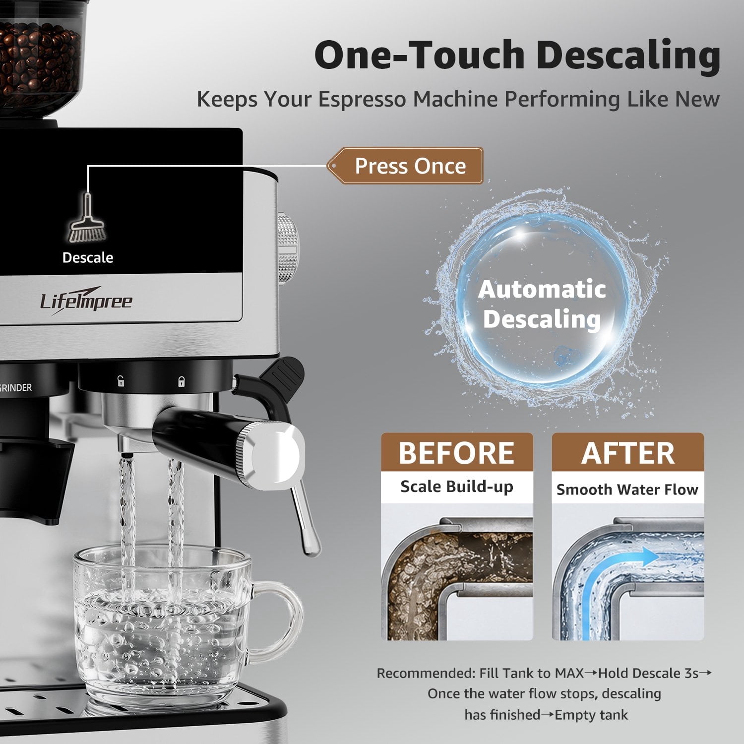 LifeImpree Espresso Machine with Grinder, 20 Bar Coffee Machine for Home with Powerful Milk Frother Steam Wand, 30 Grind Settings, 1550W Coffee Maker with Portafilter for Capsules