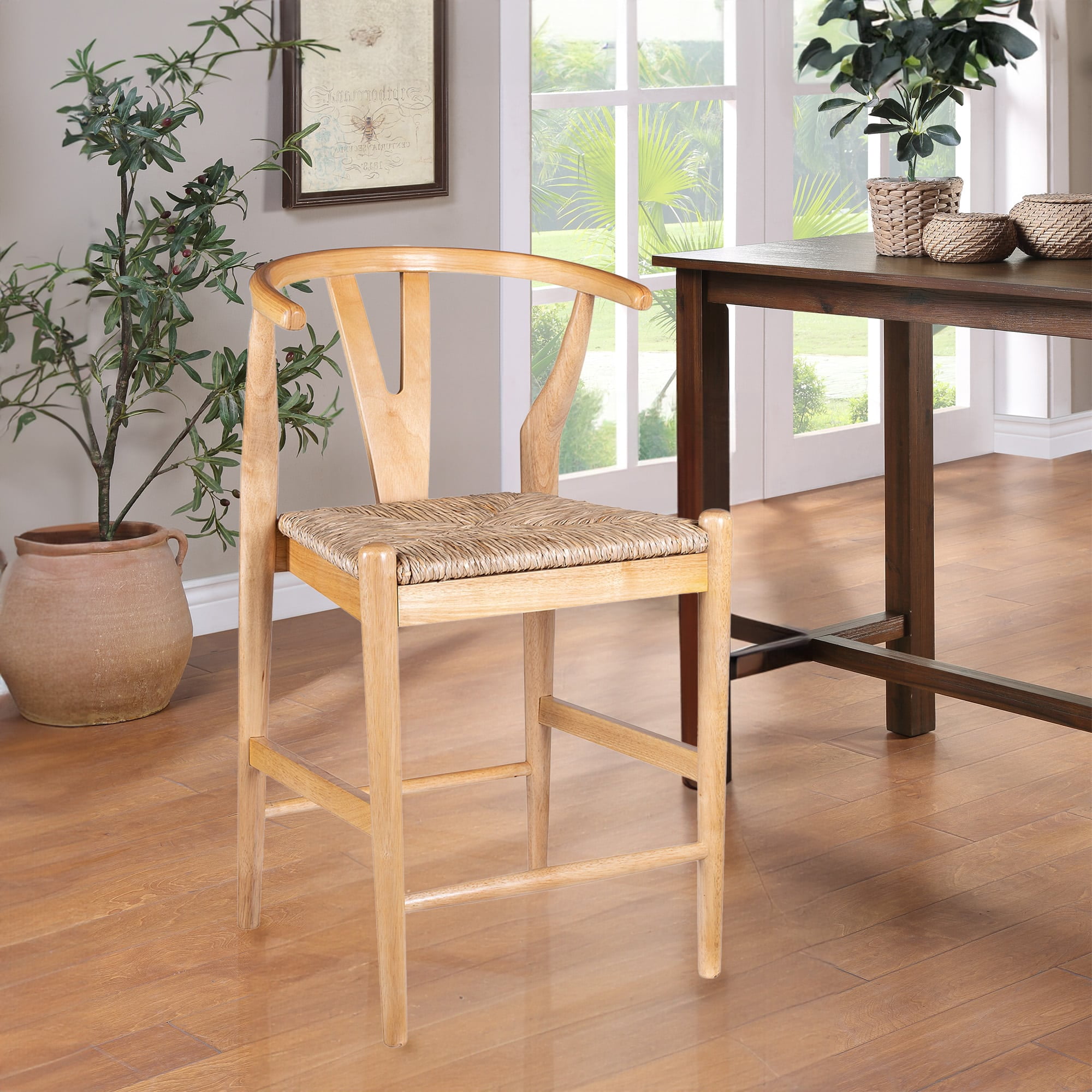Wishbone Counter Height Bar Stool with Natural Finish, Rubberwood Frame