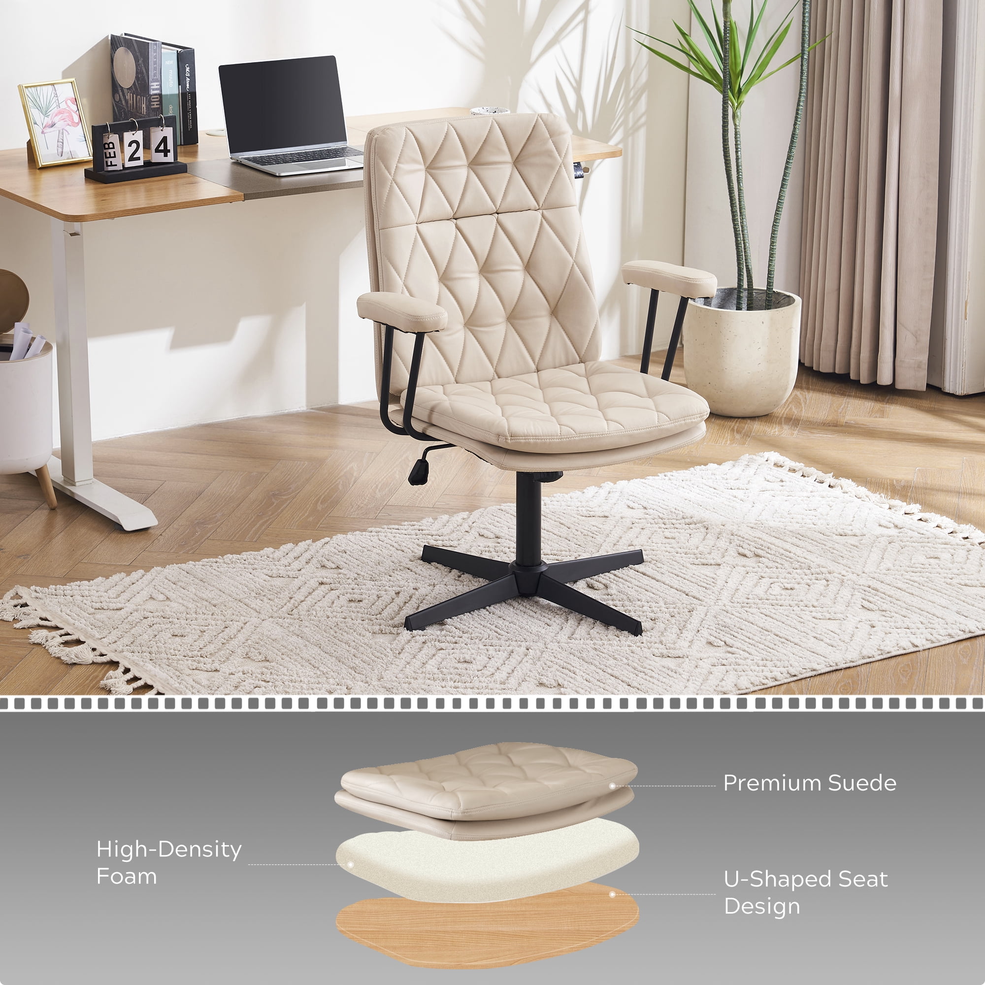 EYYTHUNG Home Office Desk Chair No Wheels with Arms, Crossleg Adjustable Stationary Ergonomic Office Swivel Working Computer Chair, Cream White