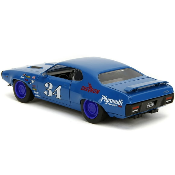 1972 Plymouth GTX #34 Blue with Graphics Bigtime Muscle Series 1/24 Diecast Model Car by Jada