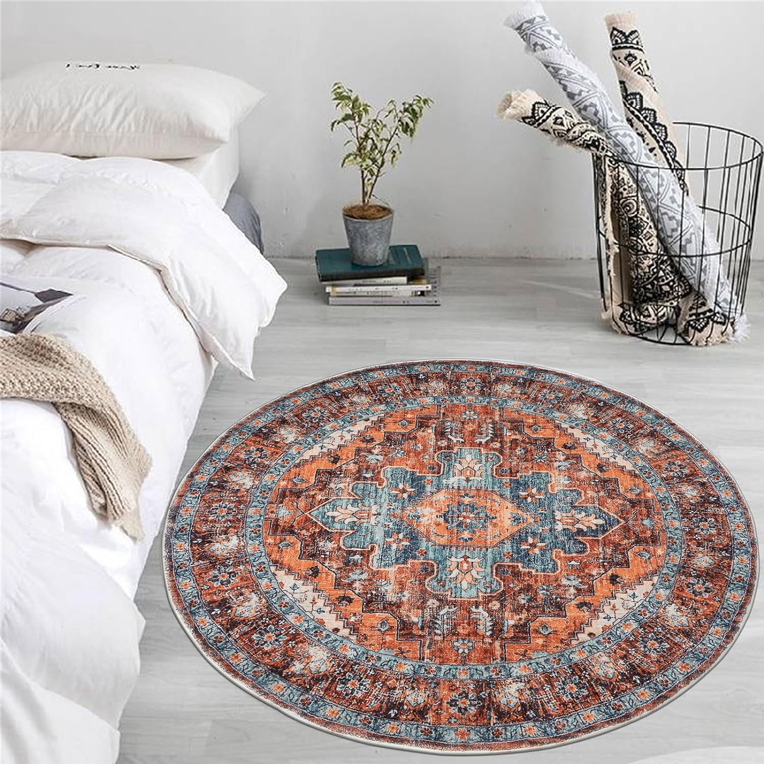 4 ft Round Area Rug, Yamaziot Boho Vintage Oriental Circle Carpet, Washable Non Slip Non Shedding Soft Faux Indoor Floor Mat Rug for Bedroom Living Room Sofa Office