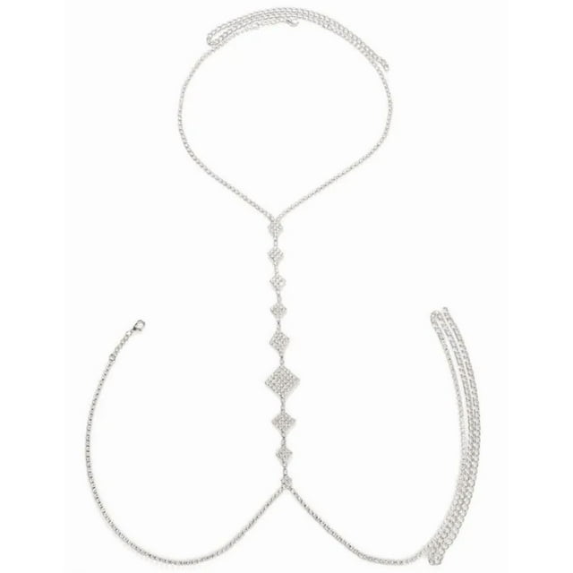 Square-Shaped Rhinestone Body Chain for Women - Copper-Made Back Jewelry with Gold/Silver Color Options, 40g Weight, Packaged in OPP Bag