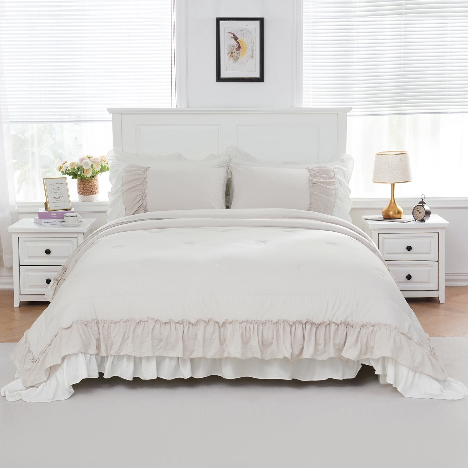 Move Over Beige Grey Ruffle Comforter Set Queen Boho Bedding Sets 2 Layers Beige White Long Ruffled Pattern Microfiber Filling Farmhouse Duvet