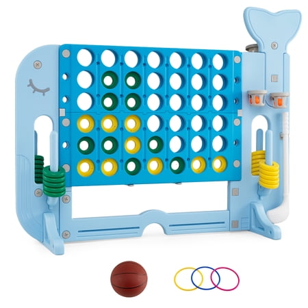 Costway 4-in-a-Row Game Set with Ring-toss Basketball Golf Club & Balls 2 Cups Holders Blue