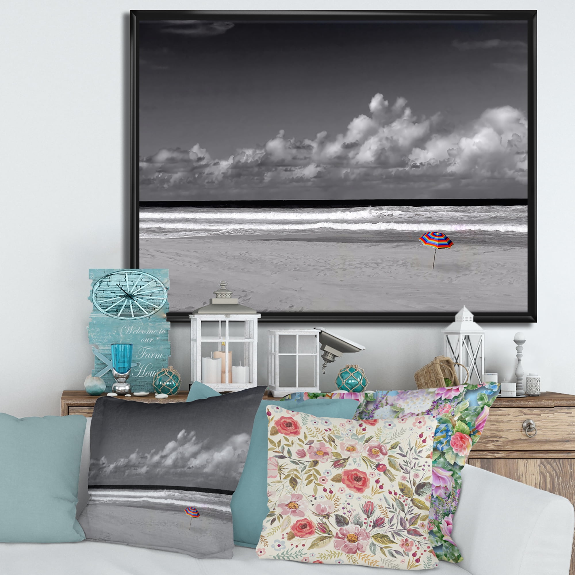 Designart 'Black and White Coastline Under Cloudy Sky' Lake House Framed Canvas Wall Art Print