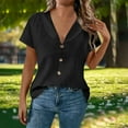 thumbnail image 2 of QIUOMBBP Linen Shirt for Women Short Sleeve Solid Button Design V Neck Tops Loose Breathable Summer Beach Tees Black XXL, 2 of 10