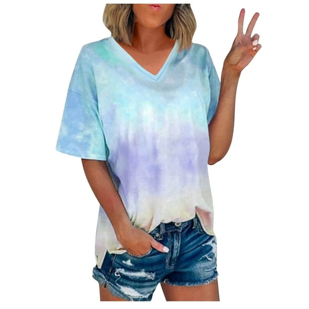 Blusas de Manga Corta Casuales para las Mujeres con Cuello en V, Top de Poliéster de Moda de Verano para el Uso Diario