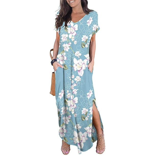 KORSIS - Women Stylish Long Dress Loose Pocket Short Sleeve Split Maxi ...
