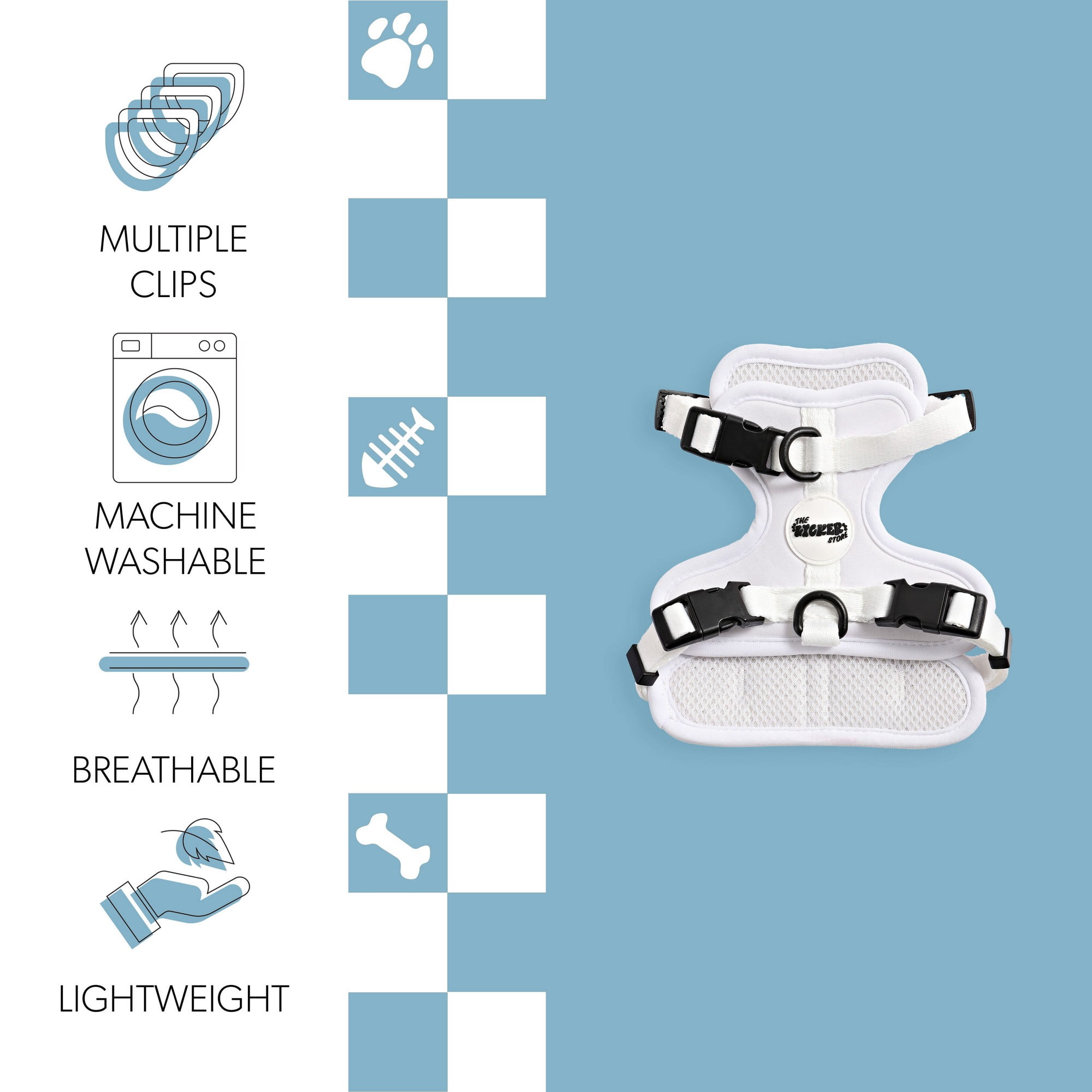 THE LICKER STORE Arlo Extra Small Adjustable Soft Padded No Pull Pet Harness with 3 Buckles and 3 Leash Clips, White, HNS1000F