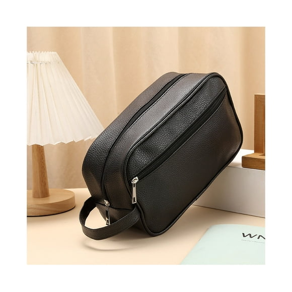 Men Waterproof Travel Toiletries Storage Bag PVC Lychee Pattern Cosmetic Bag Portable Makeup Organiser Male Zipper Handbags - Black