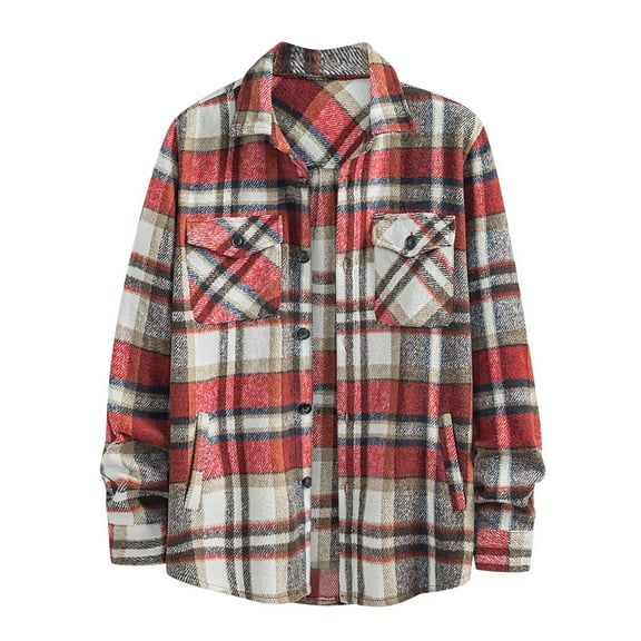 Plaid Flannel, Clearance Men's Classic Button Up Flannel Shirt Jacket Pockets Comfy Plaid Shacket Outwear Long Sleeve