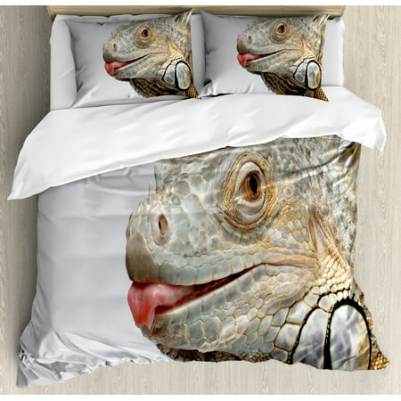 Iguana Duvet Cover Set, Green Iguana Showing Tongue Nature Photography Realistic Animal Design, Decorative Bedding Set with Pillow Shams, Pale Sage Green White, by