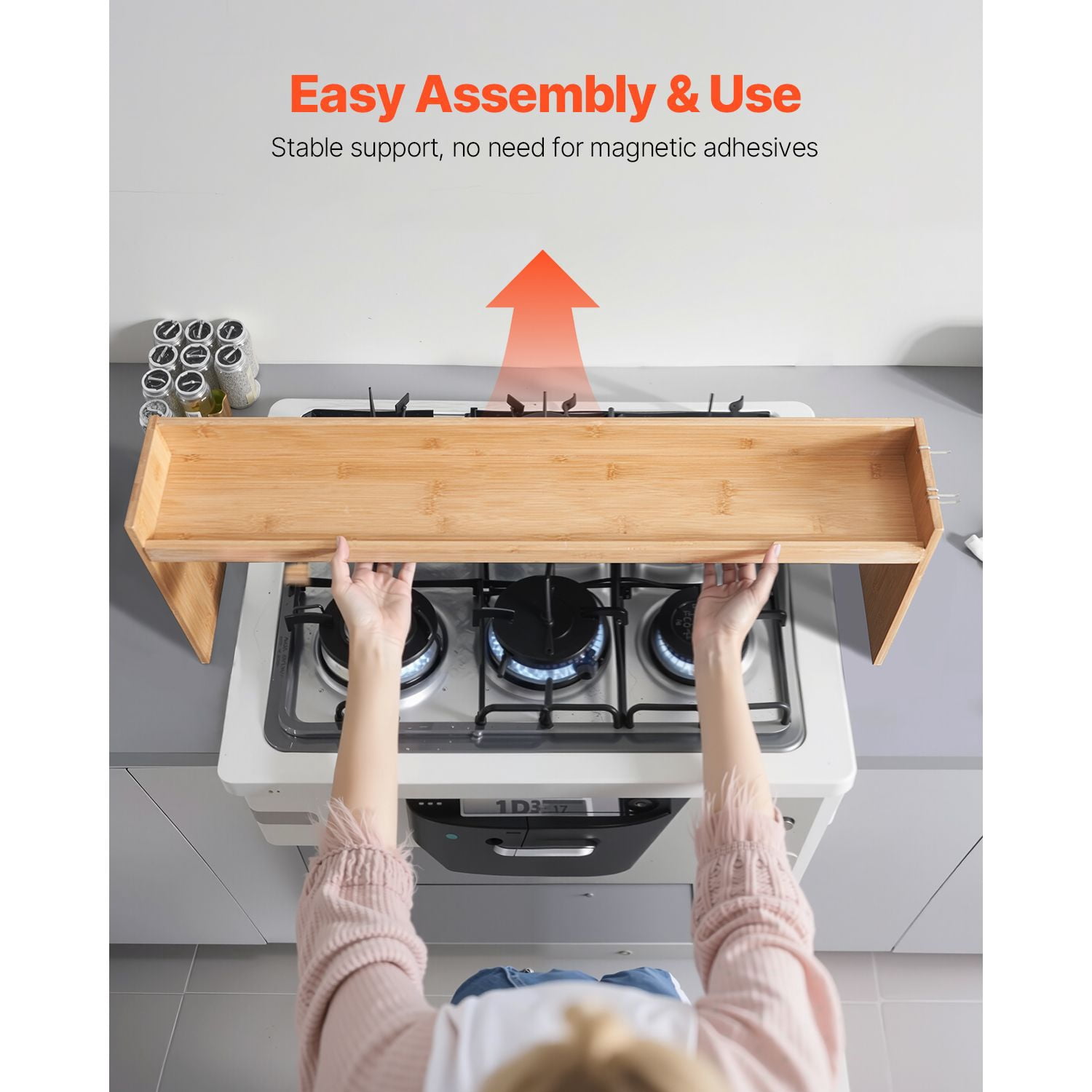 Over the Stove Spice Rack, Compatible with Multiple Stovetop Types, 6 Hooks, Supports 22 lbs, Varnish-Coated Surface, Space-Saving Kitchen Organizer