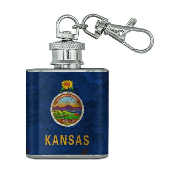 Rustic Kansas State Flag Distressed USA Stainless Steel 1oz Mini Flask Key Chain
