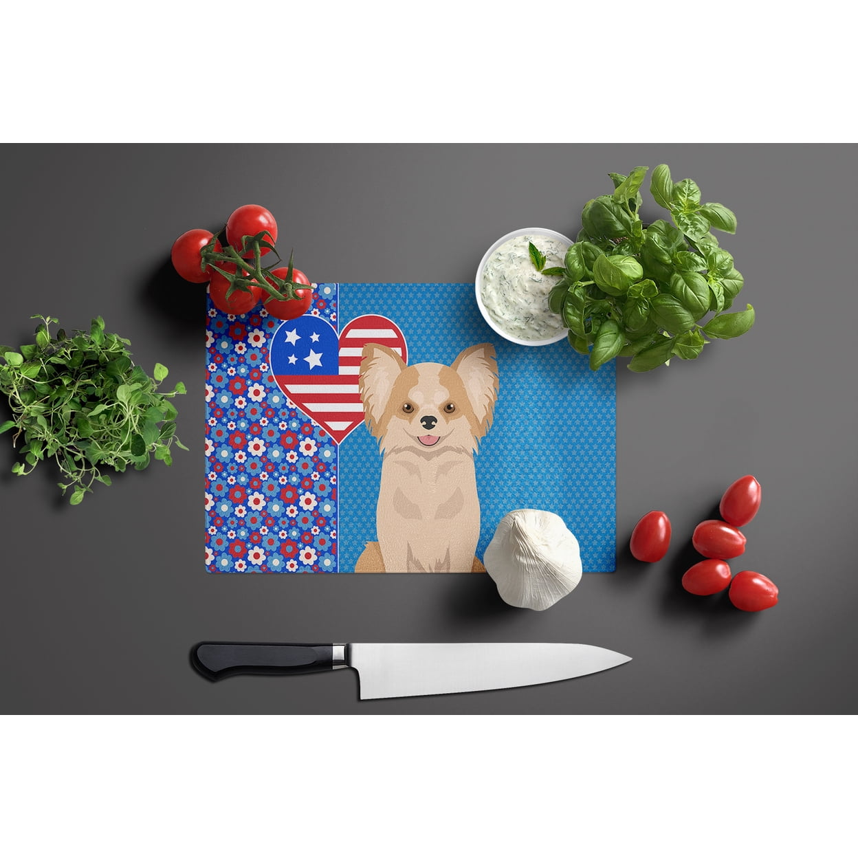 Longhaired Gold and White Chihuahua Glass Cutting Board Large 12 in x 15 in