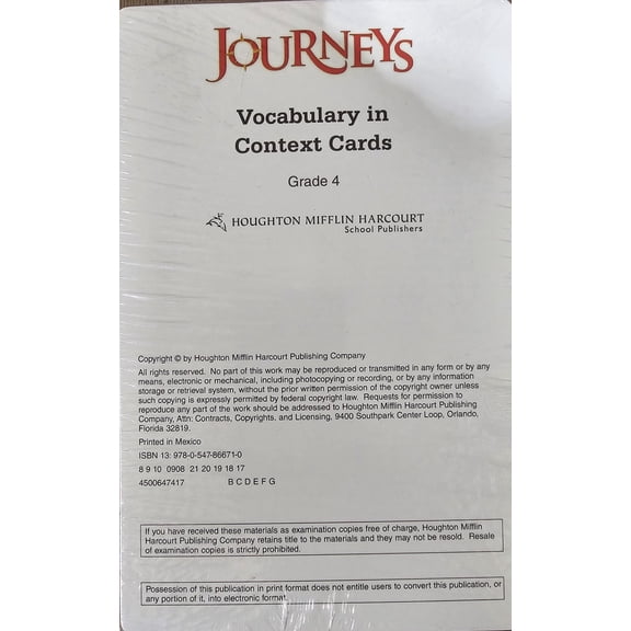 Journeys, Journeys Vocabulary In Context Cards Grade 4