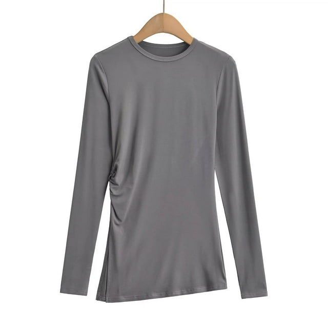 Ladies' Colored Side Slit Long-sleeved Round-neck Undershirt Top