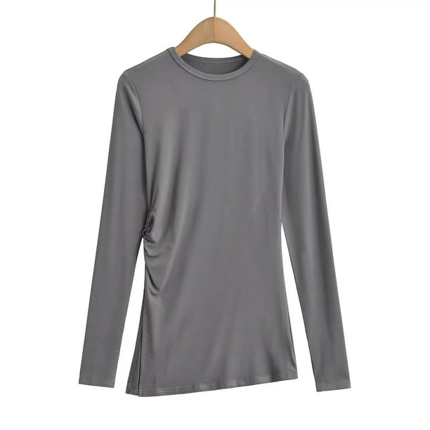 HongQid Womens Long Sleeve Shirts Crewneck Tops Loose Fit Stretch Casual Basic Fall T-Shirts