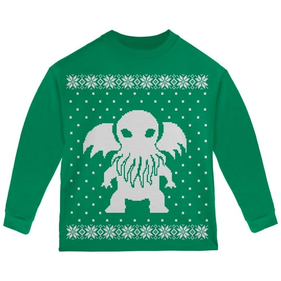 Big Cthulhu Ugly Lovecraft Christmas Sweater Green Toddler Long Sleeve T-Shirt - 2T
