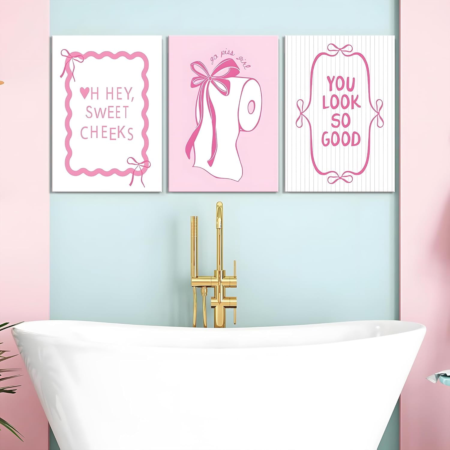 3Pcs Pink Bow Bathroom Canvas Wall Art Bowknot Coquette Posters Prints Preppy Picture Decor For Bathroom Washroom Restroom 16x12in Framed
