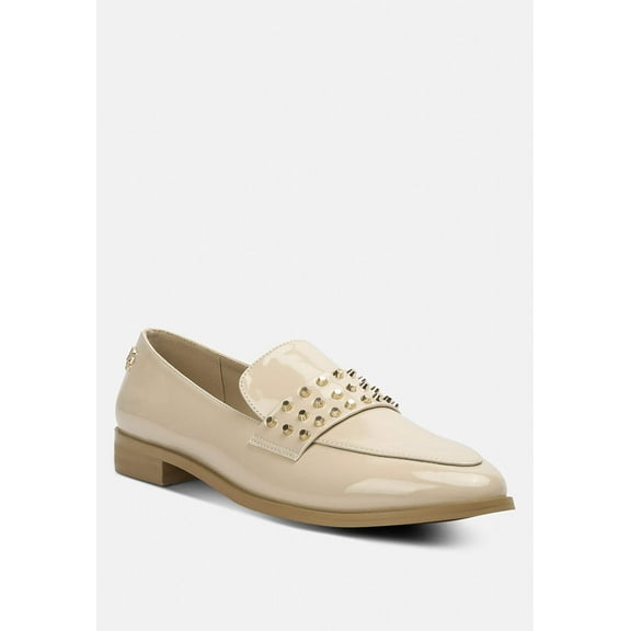 MEANBABE Semicasual Stud Detail Patent Loafers in Beige