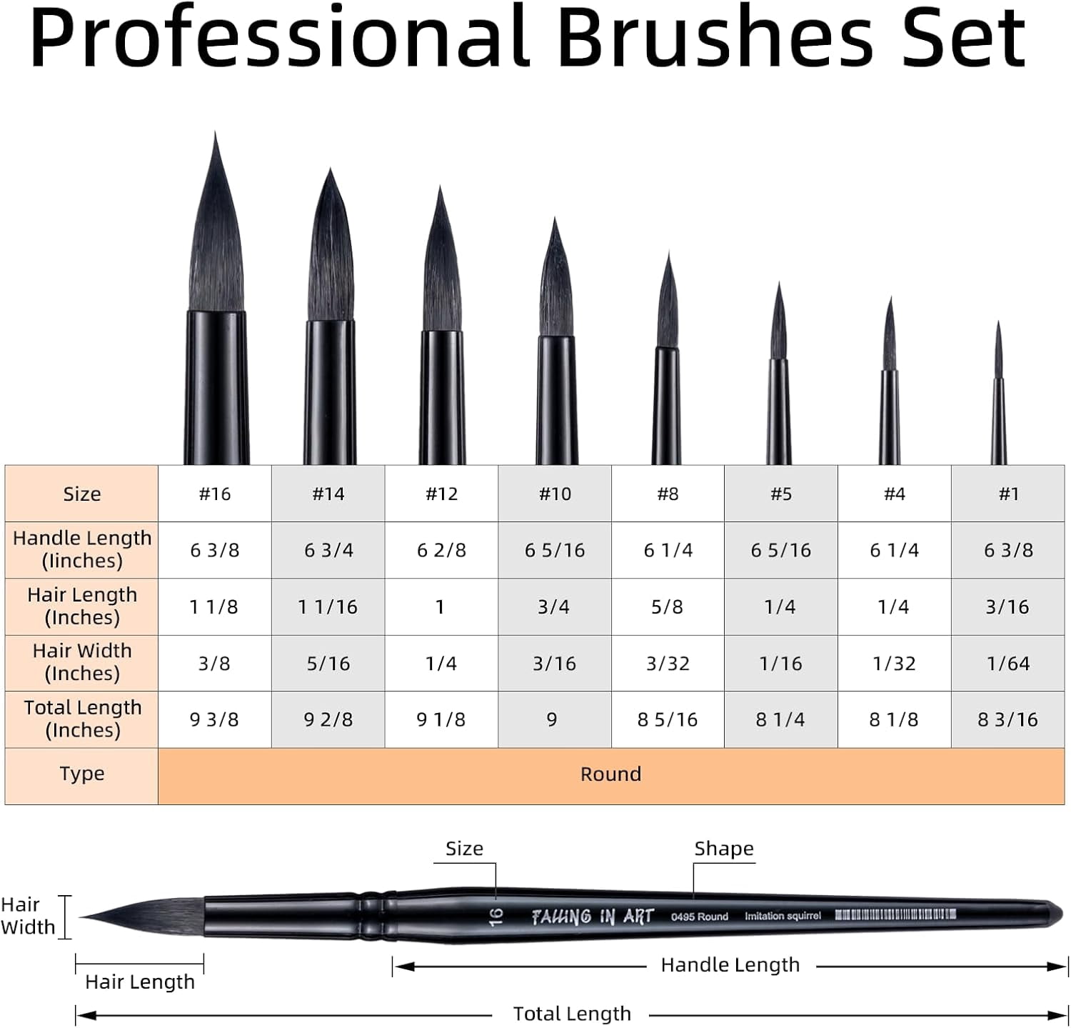JJEAN-Professional Paint Brush Set, Round Pointed Paintbrush Set, Wooden Handle Squirrel Hair Artist Brushes for Watercolor Painting(Black Handle) 8 Pcs