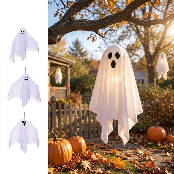 Twfbrm Halloween Hanging Ghosts, 25 Inch White Hanging Swing Ghosts Decorations with LED Light, Waterproof Flying Ghost Halloween Decoration for Front Door, Indoor, Outdoor Doorway