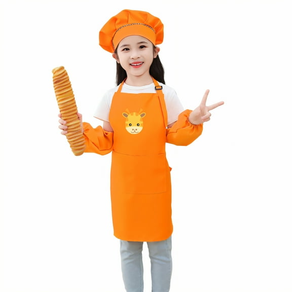 AUQ Kids Chef Hat and Apron,Close-Fitting Shape Kids Aprons for Cooking,Polyester Thread Waterproof Apron,Orange1