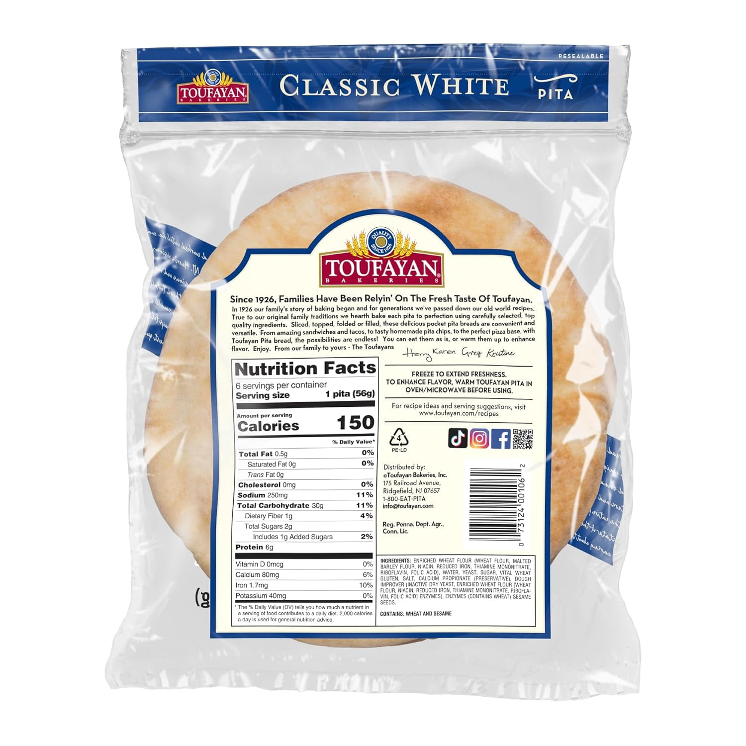 Classic White Pita Bread | Naturally Vegan, Cholesterol (3 Pack, 18 Pitas Total)