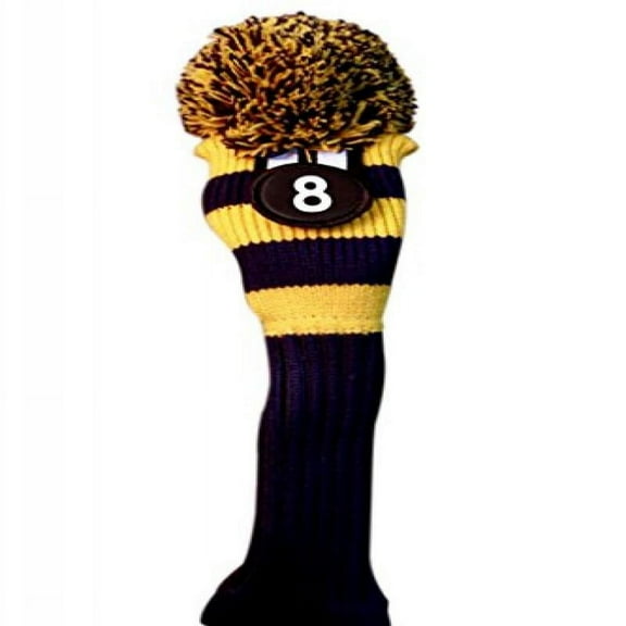 Majek #8 Hybrid Rescue Utility Blue & Yellow Golf Headcover Knit Pom Pom Retro Classic Vintage Head Cover