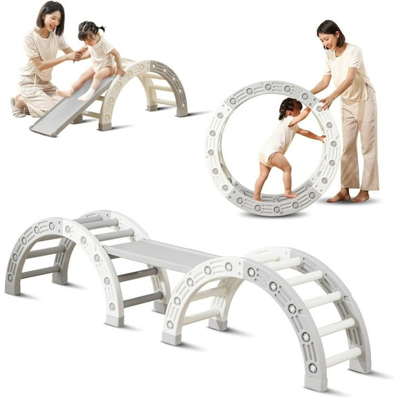 UNICOO® 4-in-1 Kids Climbing Set - Double Arch Climber, Double Sided Climbing Ramp, Hammock Rocker, Climbing Toys for Toddler and Kids, Indoor or Outdoor, Children's Gift (Grey & White)