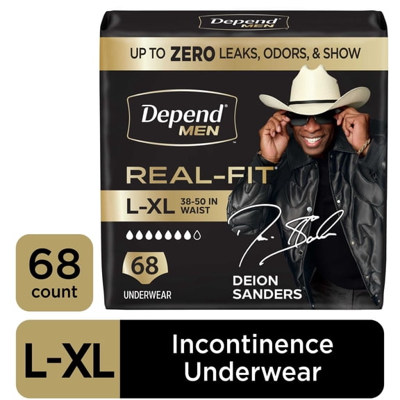 Depend Real Fit Incontinence Underwear for Men, Adult Diapers, L/XL, Black, 68 Count