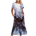 thumbnail image 1 of Pisexur Robes d'Été de Plage pour Femmes Décontractées à Fleurs à Manches Courtes Boho Robe Maxi à Fleurs Col Ras du Cou Smockée à Étages Fluide Longues Robes, 1 of 4