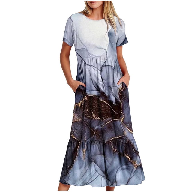 Pisexur Robes d'Été de Plage pour Femmes Décontractées à Fleurs à Manches Courtes Boho Robe Maxi à Fleurs Col Ras du Cou Smockée à Étages Fluide Longues Robes