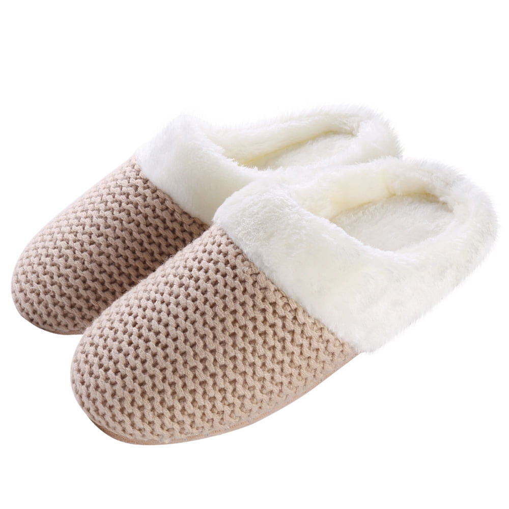 Women's Slip-on Knit Weave Plush Slippers With Pom Poms Bedroom House Shoes 