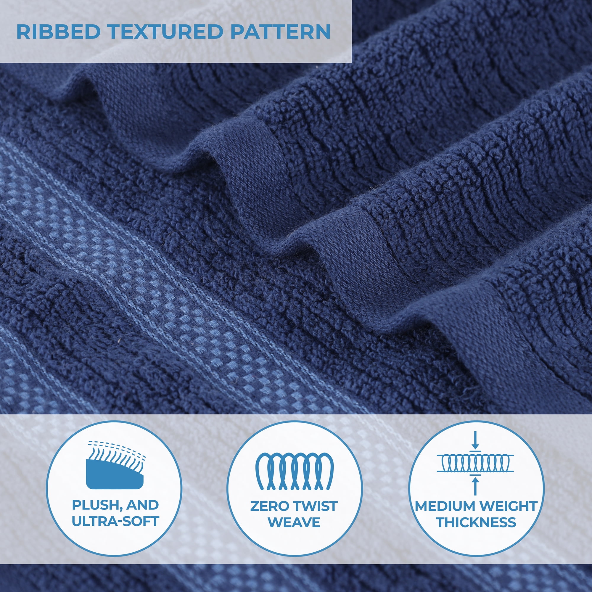 Superior Zero Twist Cotton Ribbed Geometric Bath Sheet Set of 2, Ultra Soft Quick Dry, Navy Blue
